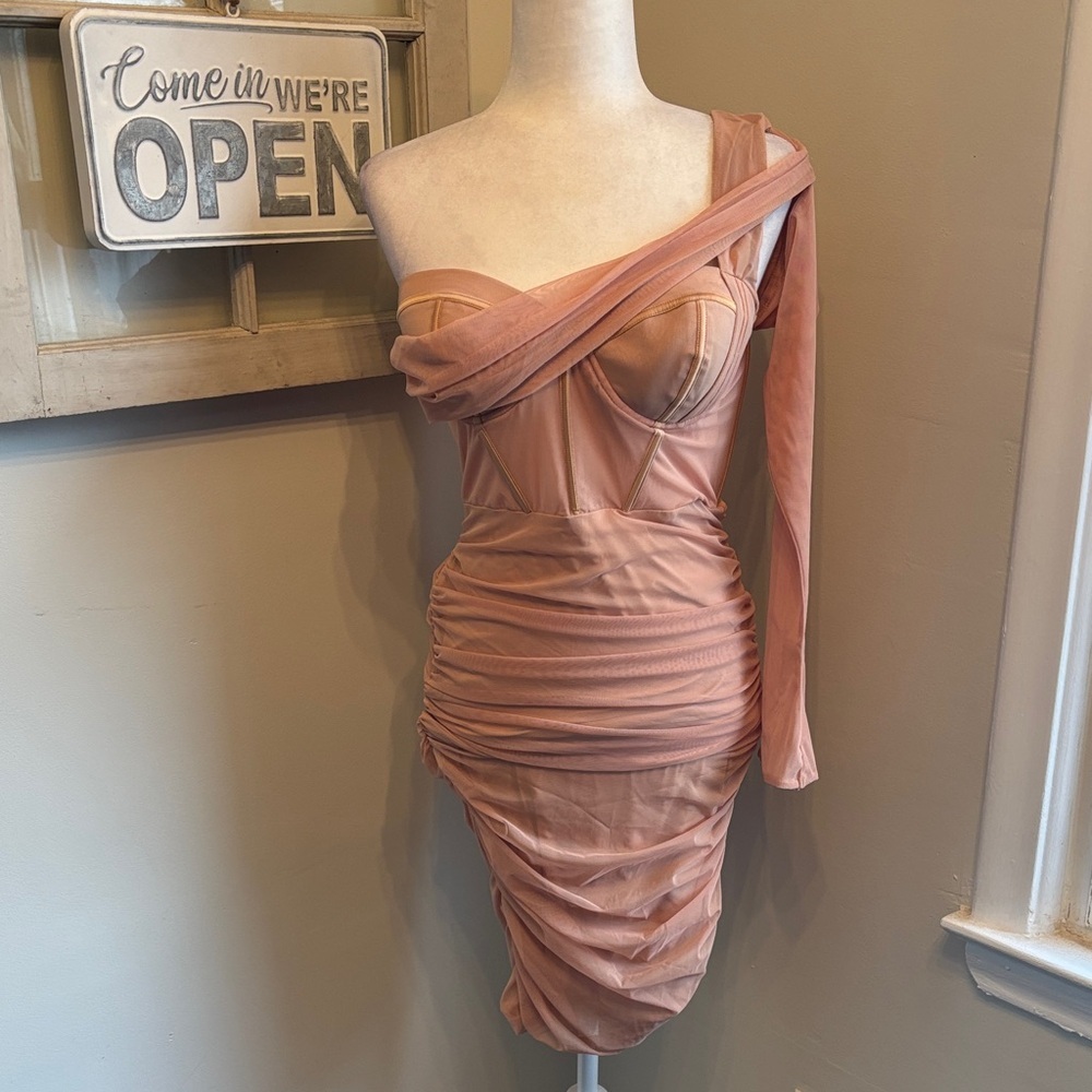 Oh Polly One Shoulder Corset Ruched Midi Dress in Honey Nude NWT
